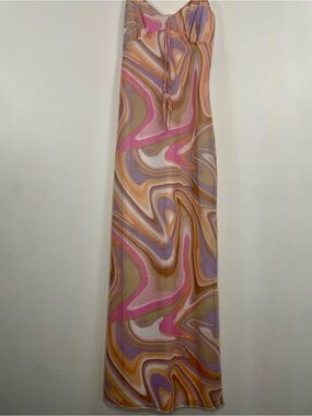 Swirl Print Maxi Slip Dress in Pink, Lavender & Tan